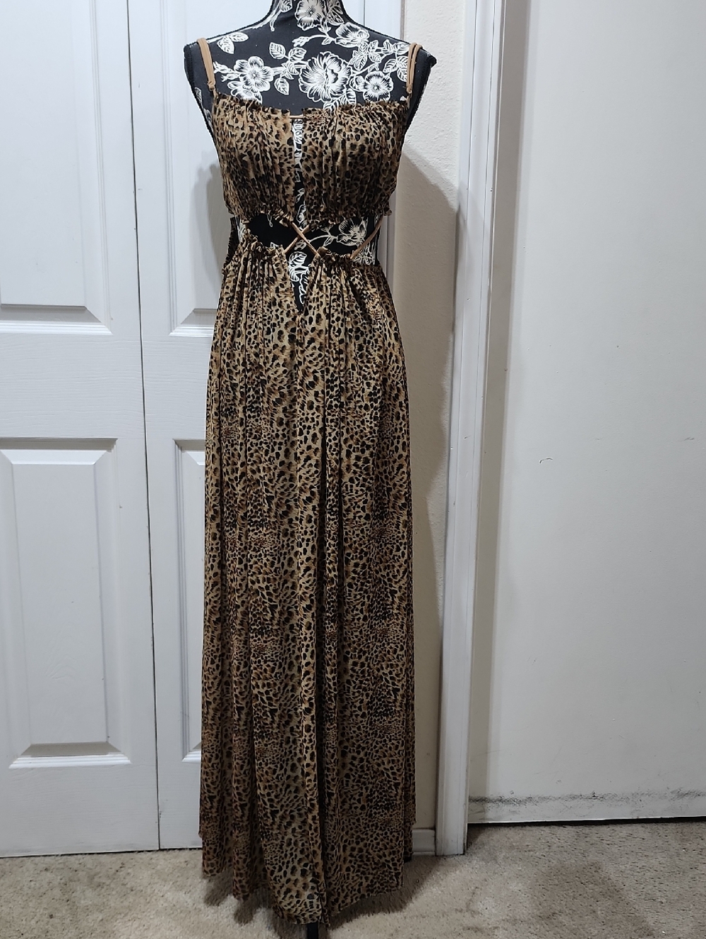 Brown Leopard Print Cutout Sheer Maxi Dress  M